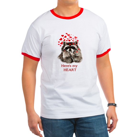 CafePress - Here's My Heart Cute Raccoon Blowing Kisses Quote - 100% Cotton Ringed T-Shirt