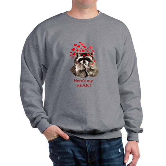 CafePress - Here's My Heart Cute Raccoon Blowing Kisses Quote - Crew Neck Sweatshirt