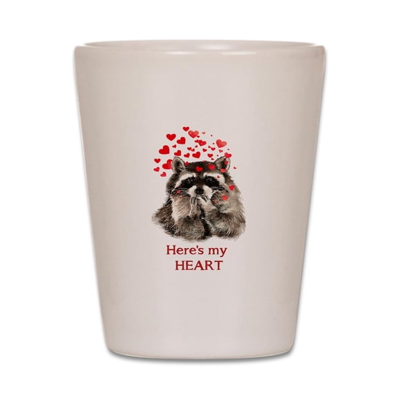 CafePress - Here's My Heart Cute Raccoon Blowing Kisses Quote - White Shot Glass, Unique and Funny Shot Glass