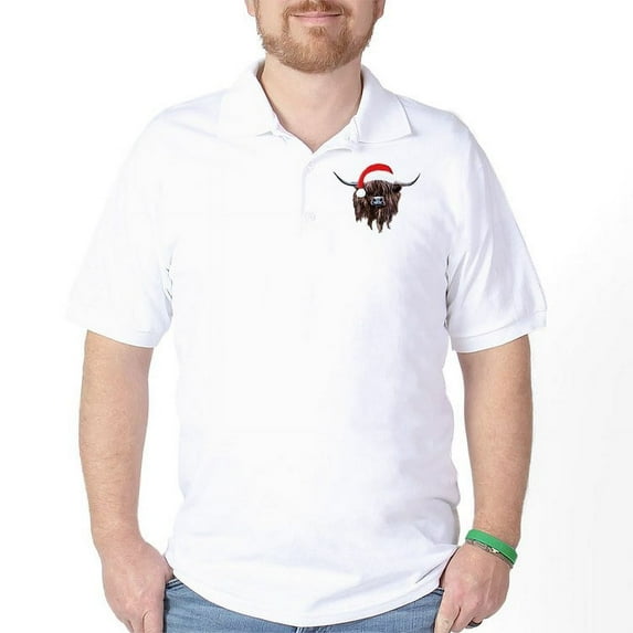 CafePress - Highland Cow Santa Hat Xmas Golf Shirt - Golf Shirt, Pique Knit Golf Polo