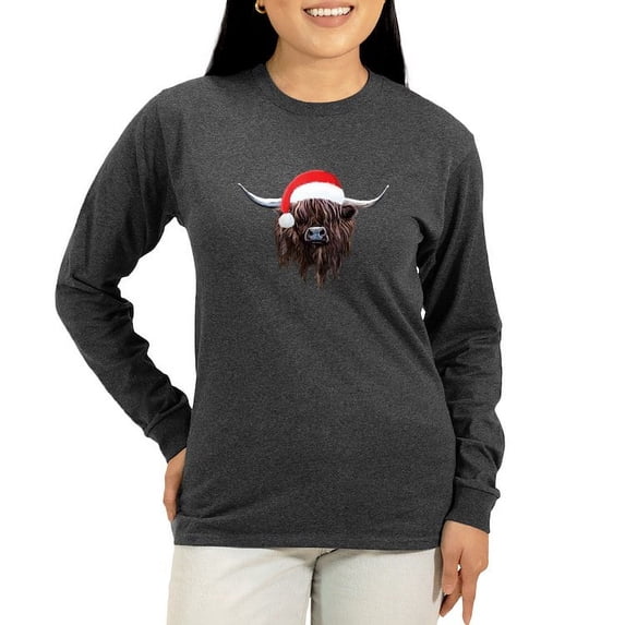 CafePress - Highland Cow Santa Hat Xmas Long Sleeve T Shirt - Women's Long Sleeve Graphic Tee Casual Fit
