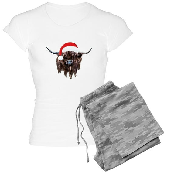 CafePress - Highland Cow Santa Hat Xmas Pajamas - Women's Short Sleeve Print T-Shirt and Pants Light Cotton Pajama Set