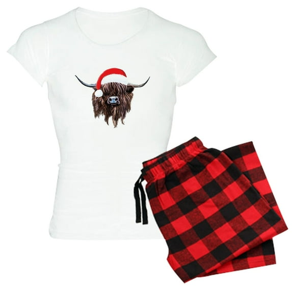CafePress - Highland Cow Santa Hat Xmas Pajamas - Women's Short Sleeve Print T-Shirt and Pants Light Cotton Pajama Set