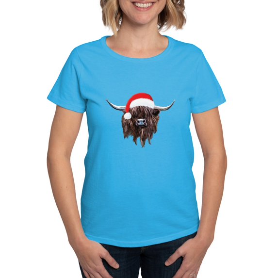 CafePress - Highland Cow Santa Hat Xmas T Shirt - Women's Traditional Fit Dark T-Shirt