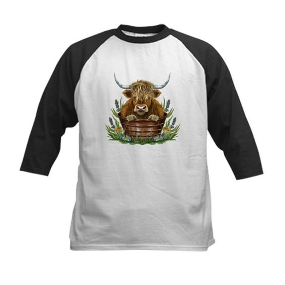 CafePress - Highland Cow Sitting In A Metal Kids Baseball T Shirt - Kids Cotton Baseball Jersey, 3/4 Sleeve Shirt