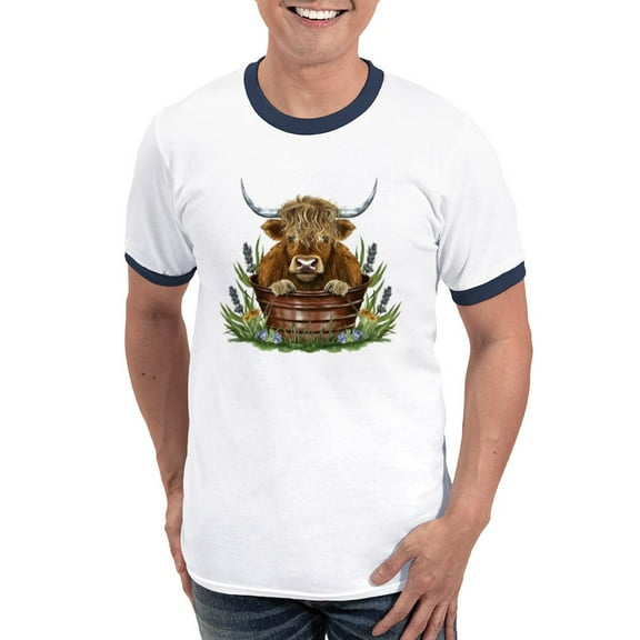 CafePress - Highland Cow Sitting In A Metal Men's Ringer T Shirt - 100% Cotton Ringed T-Shirt