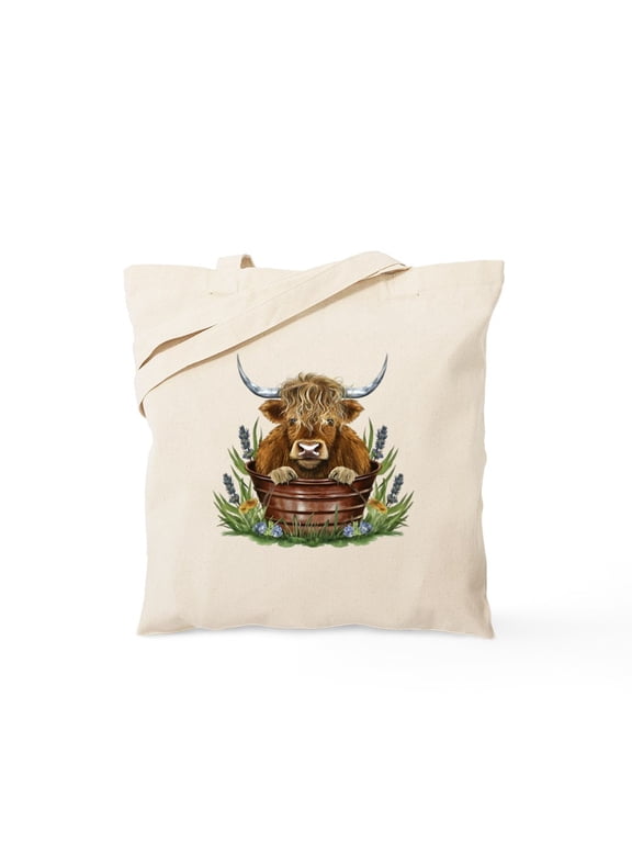 - Highland Cow Sitting In A Metal - Unisex Canvas Tote Bag, Beige, 1-Piece