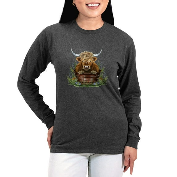 CafePress - Highland Cow Sitting In A Metal Women's Long Sleeve T Shirt - Women's Long Sleeve Graphic Tee Casual Fit