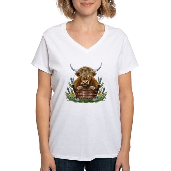 CafePress - Highland Cow Sitting In A Metal Women's V Neck T Shirt - Womens Cotton V-Neck T-shirt