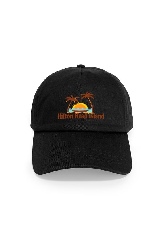 - Hilton Head Island SC Sun And Palm Trees Design - Adjustable 100% Brushed Unisex Casual Cotton Baseball Cap, Beige, 1