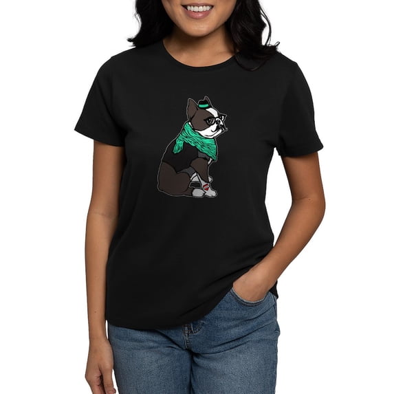 CafePress - Hipster Boston Terrier Women's Classic T Shirt - Women's Traditional Fit Dark T-Shirt