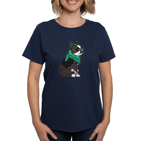 CafePress - Hipster Boston Terrier Women's Classic T Shirt - Women's Traditional Fit Dark T-Shirt