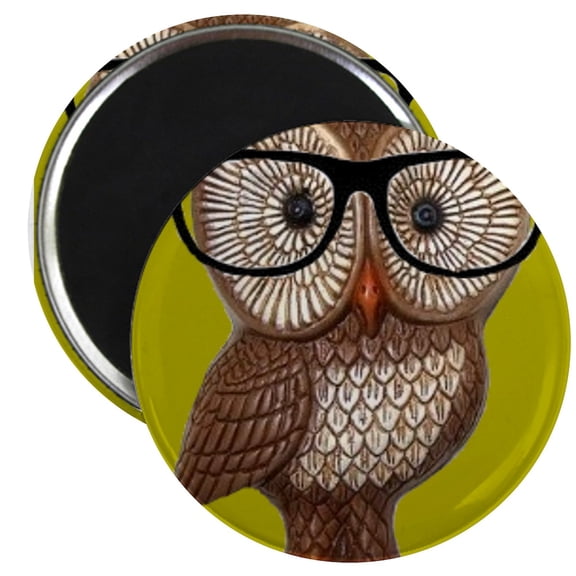 CafePress - Hipster Owl Wearing Eyeglasses Nerd Kitch Kawaii M - 2.25" Round Magnet, Refrigerator Magnet, Button Magnet Style