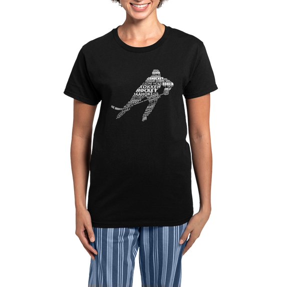 CafePress - Hockey Languages Typography Pajamas - Women's Short Sleeve Print T-Shirt and Pants Dark Cotton Pajama Set