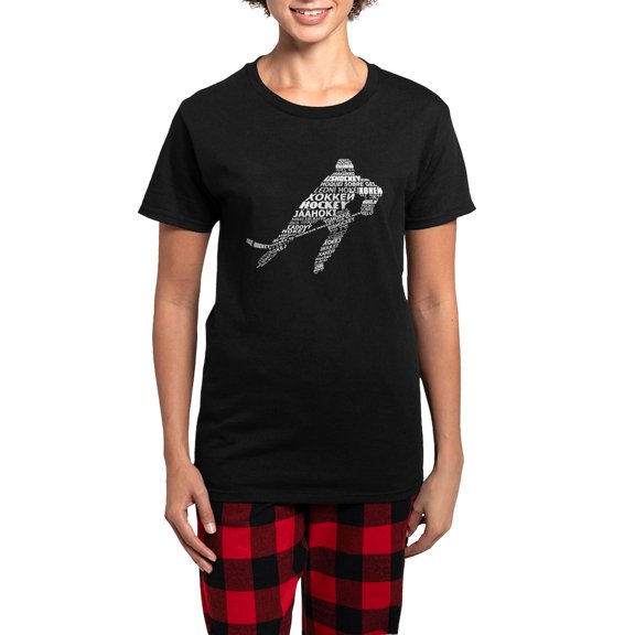 CafePress - Hockey Languages Typography Pajamas - Women's Short Sleeve Print T-Shirt and Pants Dark Cotton Pajama Set