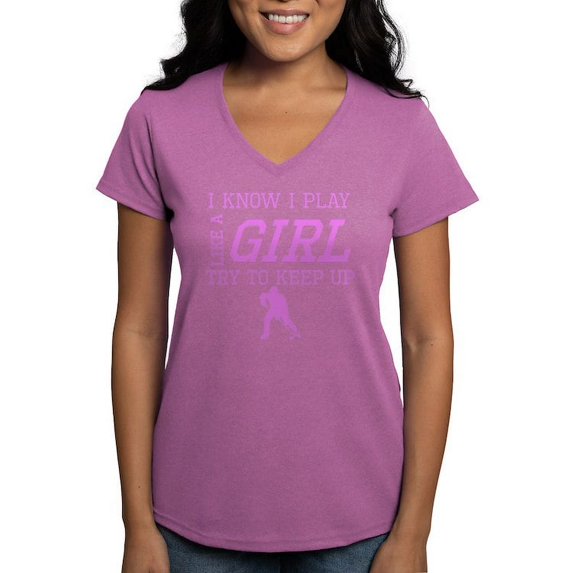 CafePress - Hockey Like A Girl T Shirt - Women's V-Neck Dark T-Shirt