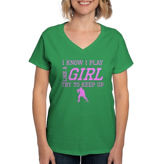 CafePress - Hockey Like A Girl T Shirt - Women's V-Neck Dark T-Shirt