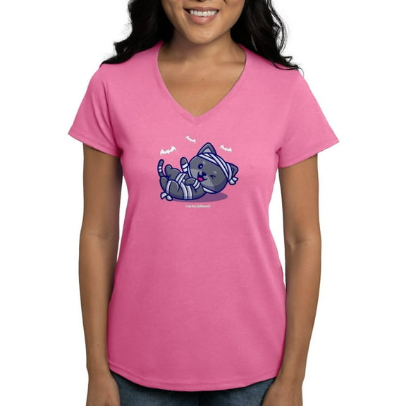 CafePress - I Can Has Halloween? White Text T Shirt - Women's V-Neck Dark T-Shirt