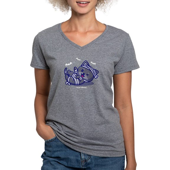 CafePress - I Can Has Halloween? White Text T Shirt - Women's V-Neck Dark T-Shirt