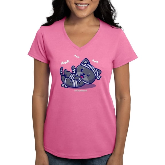 CafePress - I Can Has Halloween? White Text Women's V Neck T Shirt - Women's V-Neck Dark T-Shirt