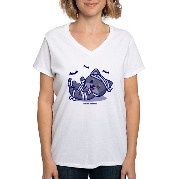 CafePress - I Can Has Halloween? Women's V Neck T Shirt - Womens Cotton V-Neck T-shirt