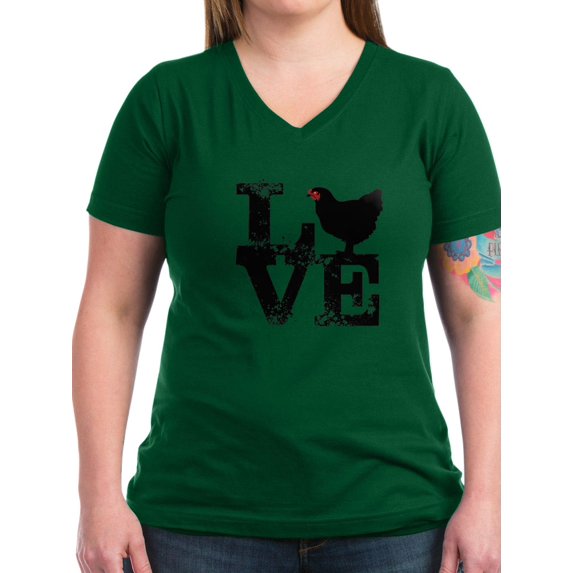 CafePress - I Love Chicken T Shirt, Chicken Lover T Shirt Wome - Women's V-Neck Dark T-Shirt