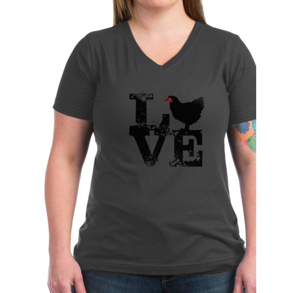 CafePress - I Love Chicken T Shirt, Chicken Lover T Shirt Wome - Women's V-Neck Dark T-Shirt