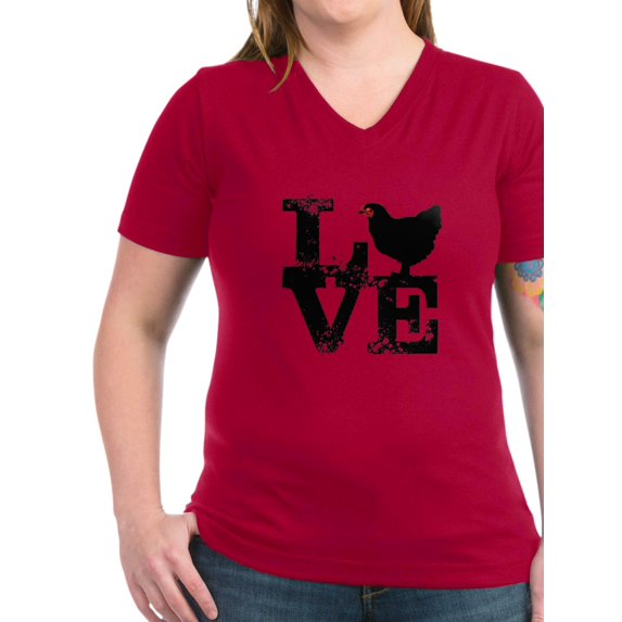 CafePress - I Love Chicken T Shirt, Chicken Lover T Shirt Wome - Women's V-Neck Dark T-Shirt