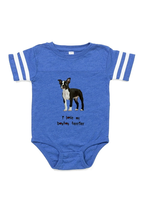 - I Love My Boston Terrier - Cute Infant Baby Football Bodysuit