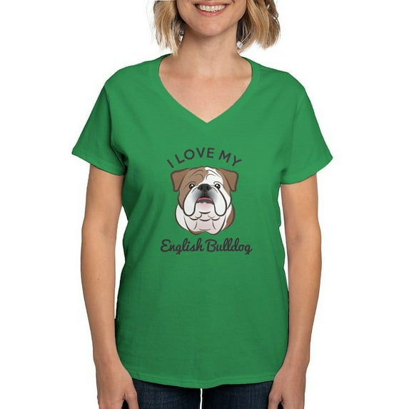 CafePress - I Love My English Bulldog T Shirt - Women's V-Neck Dark T-Shirt