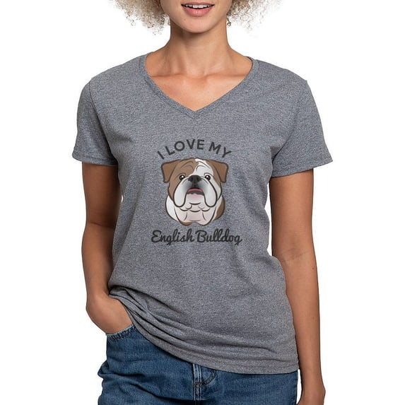 CafePress - I Love My English Bulldog T Shirt - Women's V-Neck Dark T-Shirt