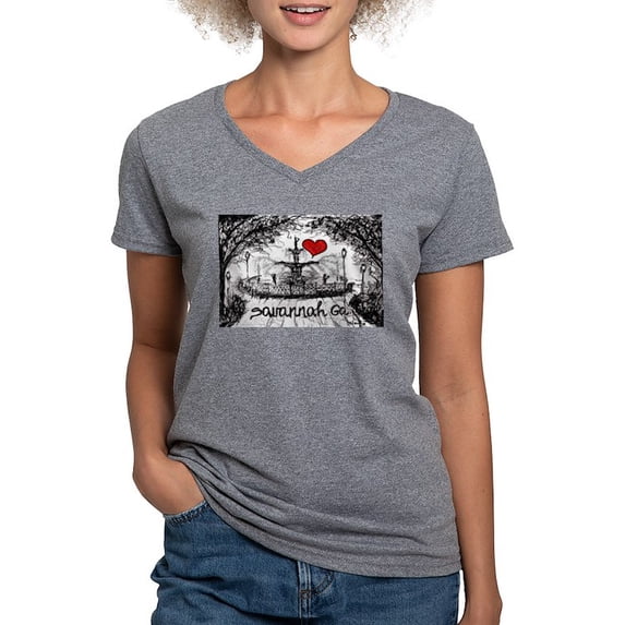 CafePress - I Love Savannah Ga T Shirt - Women's V-Neck Dark T-Shirt