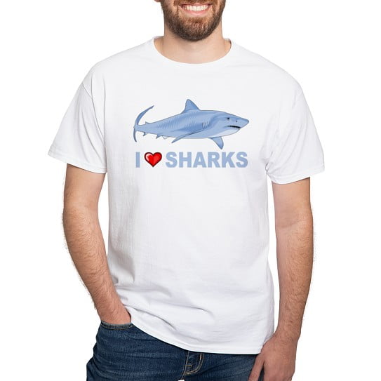 CafePress - I Love Sharks White T Shirt - Men's Classic Cotton T-Shirts
