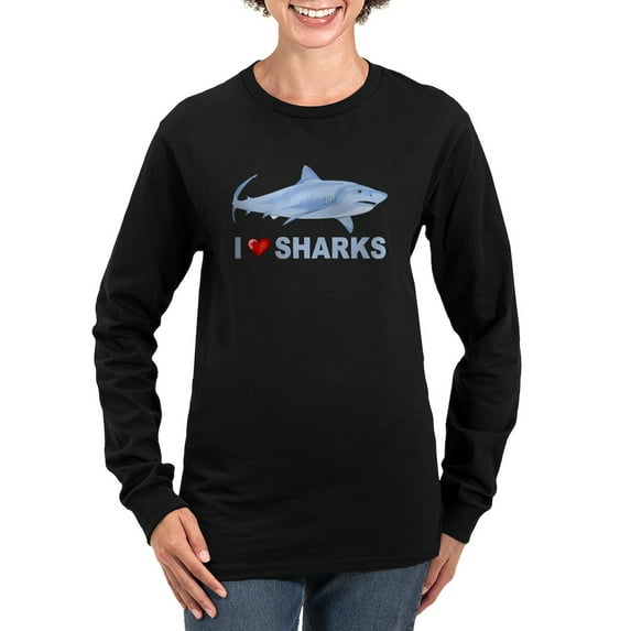 CafePress - I Love Sharks Women's Long Sleeve Dark T Shirt - Women's Long Sleeve Graphic Tee Casual Fit