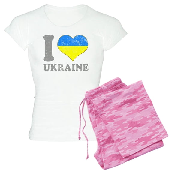 CafePress - I Love Ukraine Native Ukrainian Flag Pajamas - Women's Short Sleeve Print T-Shirt and Pants Light Cotton Pajama Set