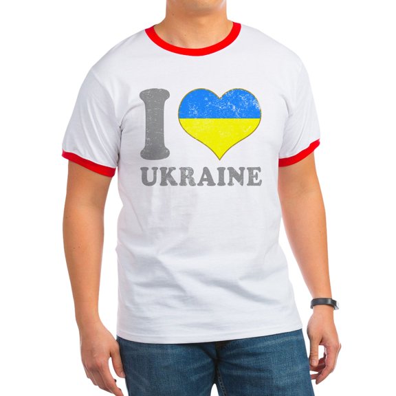 CafePress - I Love Ukraine Native Ukrainian Flag T Shirt - 100% Cotton Ringed T-Shirt