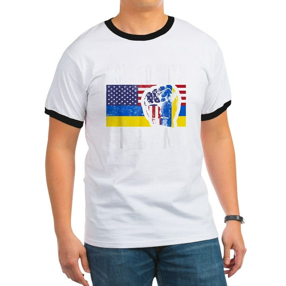 CafePress - I Stand With Ukraine Flag American Flag Su T Shirt - 100% Cotton Ringed T-Shirt