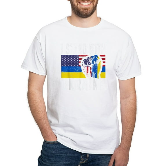 CafePress - I Stand With Ukraine Flag American Flag Su T Shirt - Men's White Classic Cotton T-Shirts