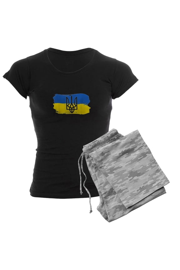 - I Stand With Ukraine Flag Emblem Map Patri Pajamas - Women's Short Sleeve Print T-Shirt and Pants Dark Cotton Pajama Set