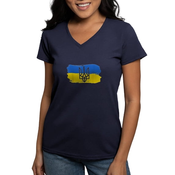 CafePress - I Stand With Ukraine Flag Emblem Map Patri T Shirt - Women's V-Neck Dark T-Shirt