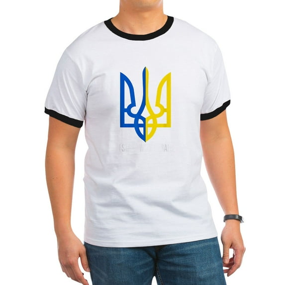 CafePress - I Stand With Ukraine Flag Support Ukraine T Shirt - 100% Cotton Ringed T-Shirt