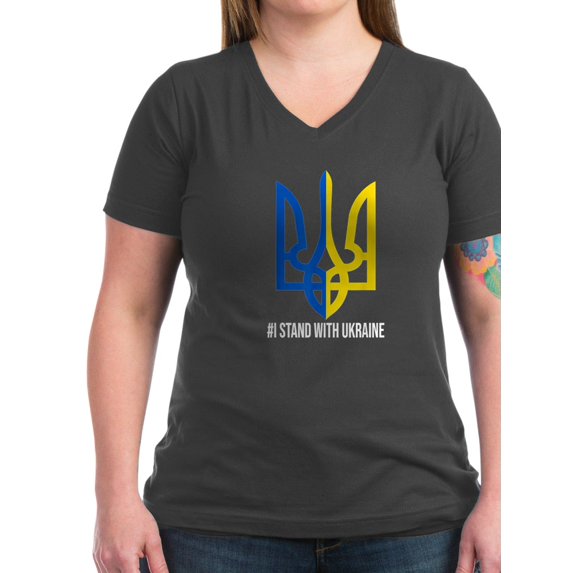 CafePress - I Stand With Ukraine Flag Support Ukraine T Shirt - Women's V-Neck Dark T-Shirt