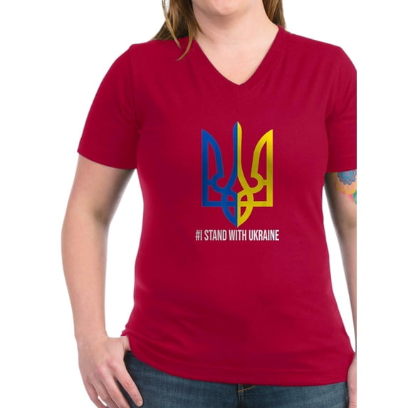 CafePress - I Stand With Ukraine Flag Support Ukraine T Shirt - Women's V-Neck Dark T-Shirt