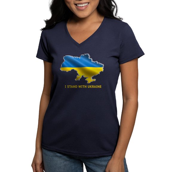 CafePress - I Stand With Ukraine Flag Ukrainian Pride T Shirt - Women's V-Neck Dark T-Shirt