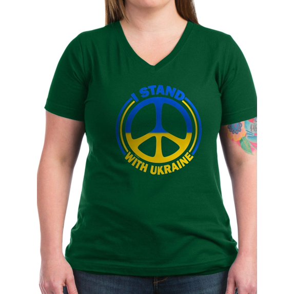 CafePress - I Stand With Ukraine Peace Women's V Neck T Shirt - Women's V-Neck Dark T-Shirt