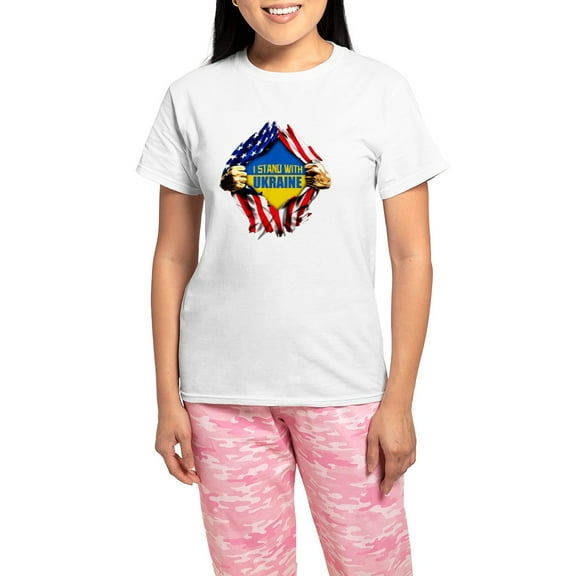 CafePress - I Stand With Ukraine Support Ukraine Flag Pajamas - Women's Short Sleeve Print T-Shirt and Pants Light Cotton Pajama Set