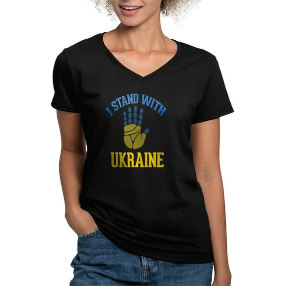 CafePress - I Stand With Ukraine Support Ukraine T Shirt - Women's V-Neck Dark T-Shirt
