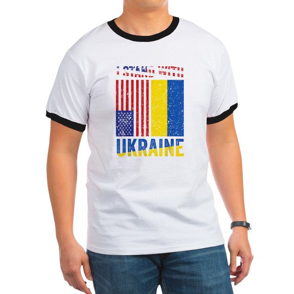 CafePress - I Stand With Ukraine Support Ukrainian Ame T Shirt - 100% Cotton Ringed T-Shirt