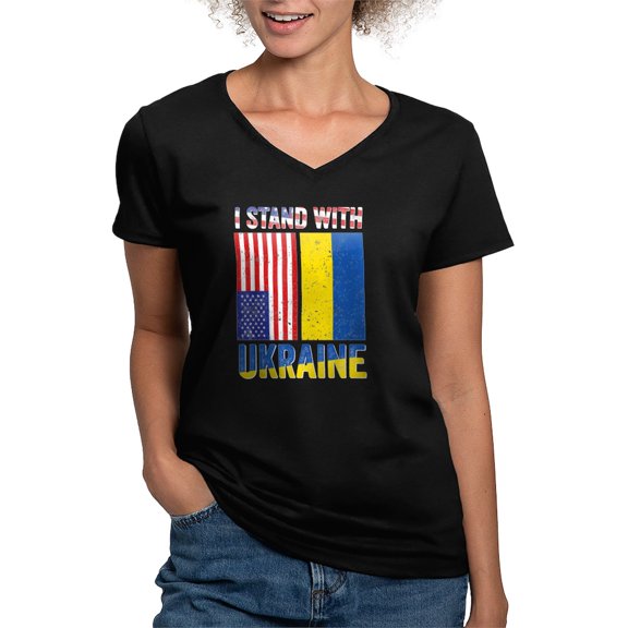 CafePress - I Stand With Ukraine Support Ukrainian Ame T Shirt - Women's V-Neck Dark T-Shirt