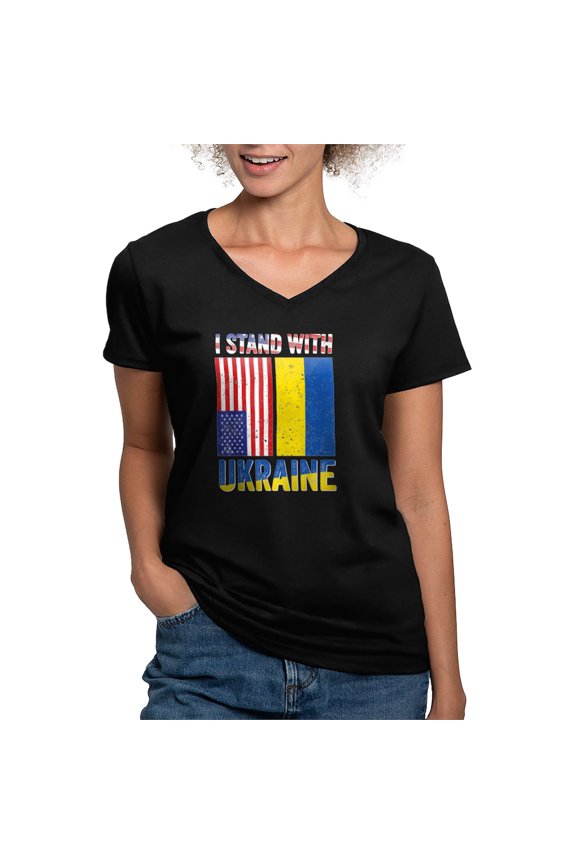 - I Stand With Ukraine Support Ukrainian Ame T Shirt - Women's V-Neck Dark T-Shirt